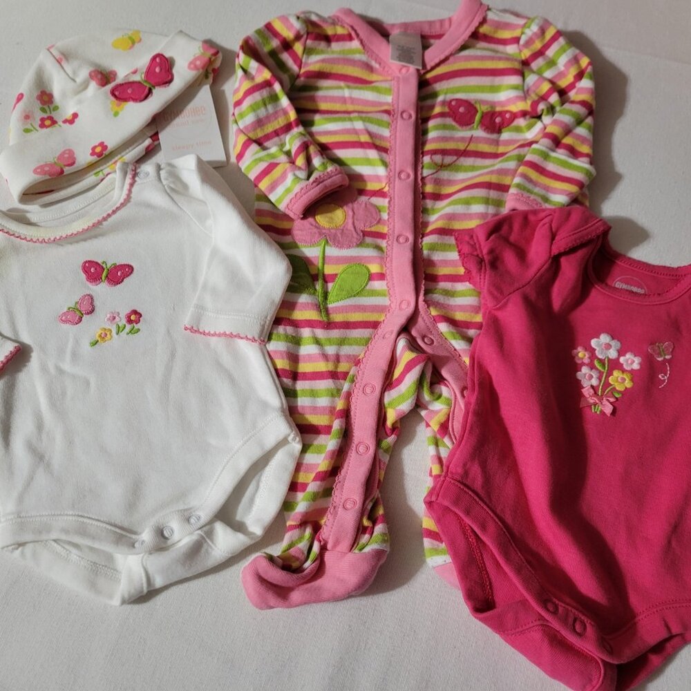 Gymboree Brand New Baby Butterfly Lot, 0-3 month NWT Hat, Used sleeper, 5-9 lbs.